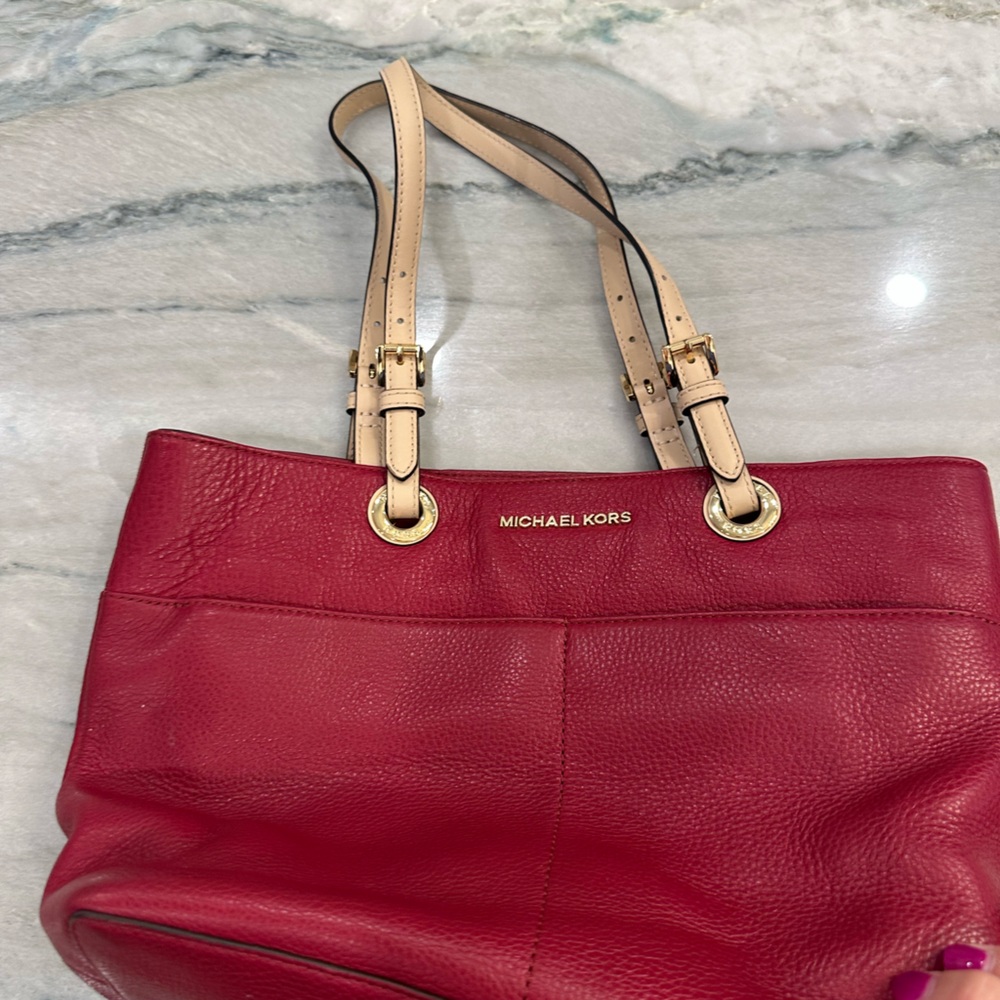 Michael Kors Cherry Red Tote with Beige Straps